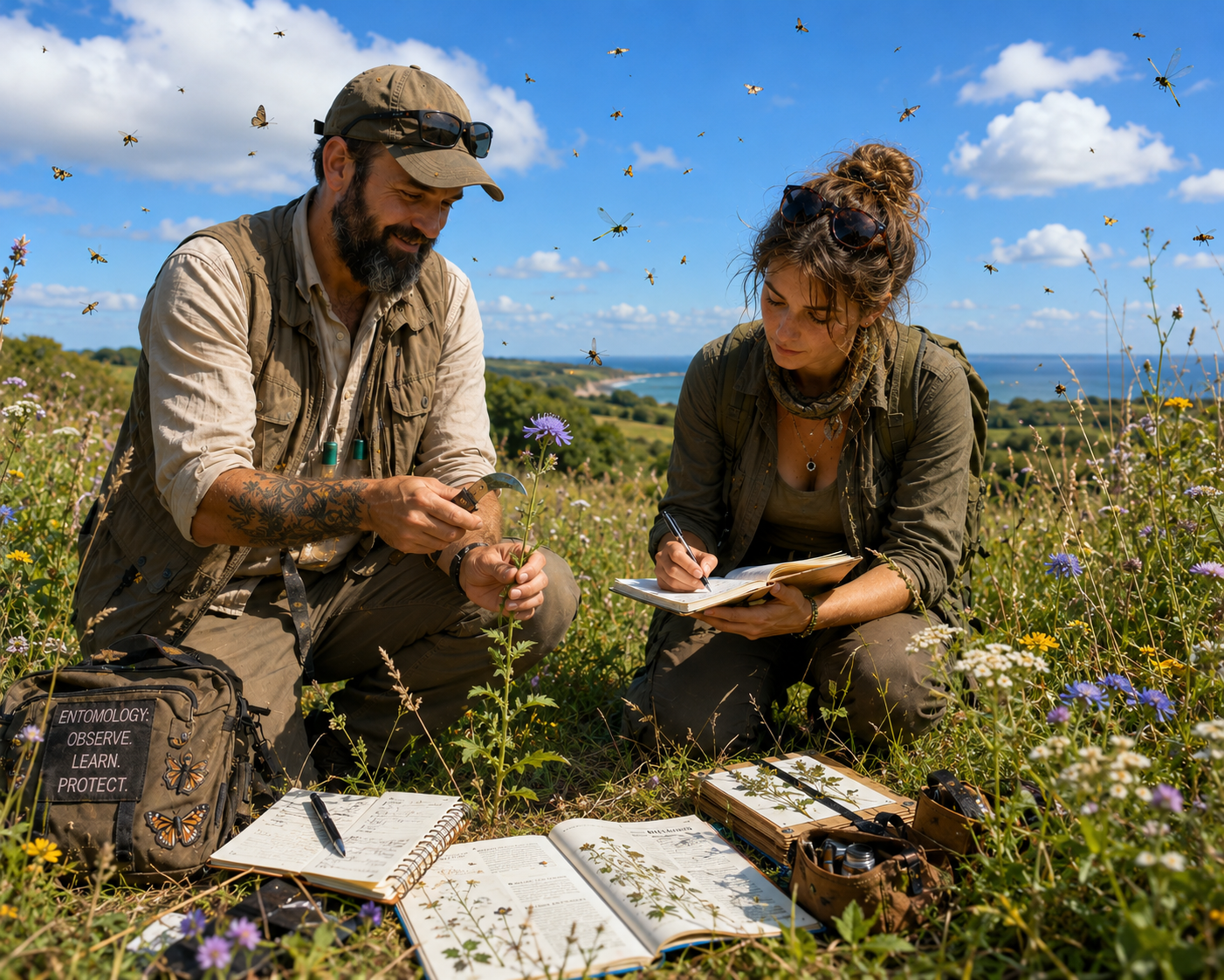 Enmtomologists field collecting insect and botanical specimens for further study in Suffolk.
