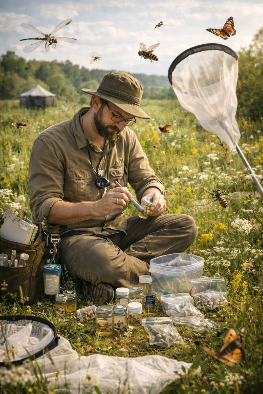 Entomologist field collecting and recording on the Introduction to Entomology course.
