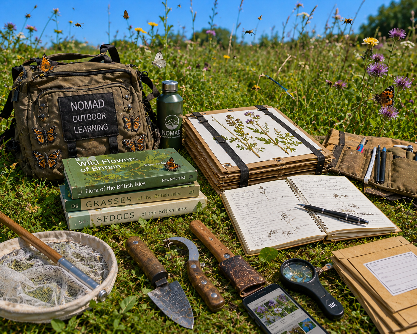 Field botanical sampling equipment used by NOMAD Outdoor Learning students in Suffolk.